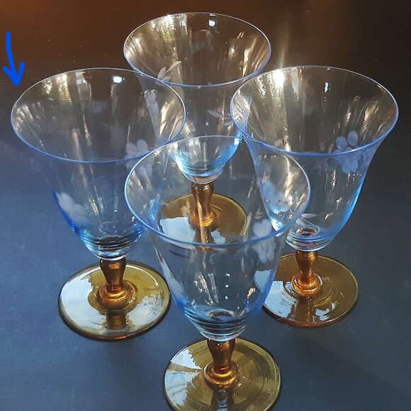 VTG Antique Thin Elegant Glass Azure Blue Goblet Amber Stem Set of 4 Etched Rare - Picture 12 of 14